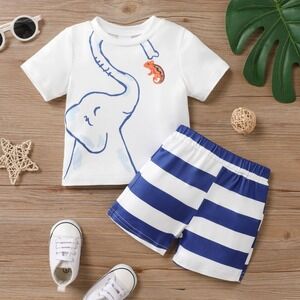 Toddler Boy 2-Piece Elephant Print Outfit – White, Size 3-6 Months